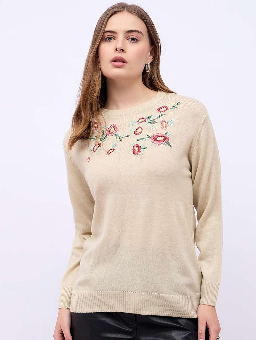 women embroidered round neck pullover