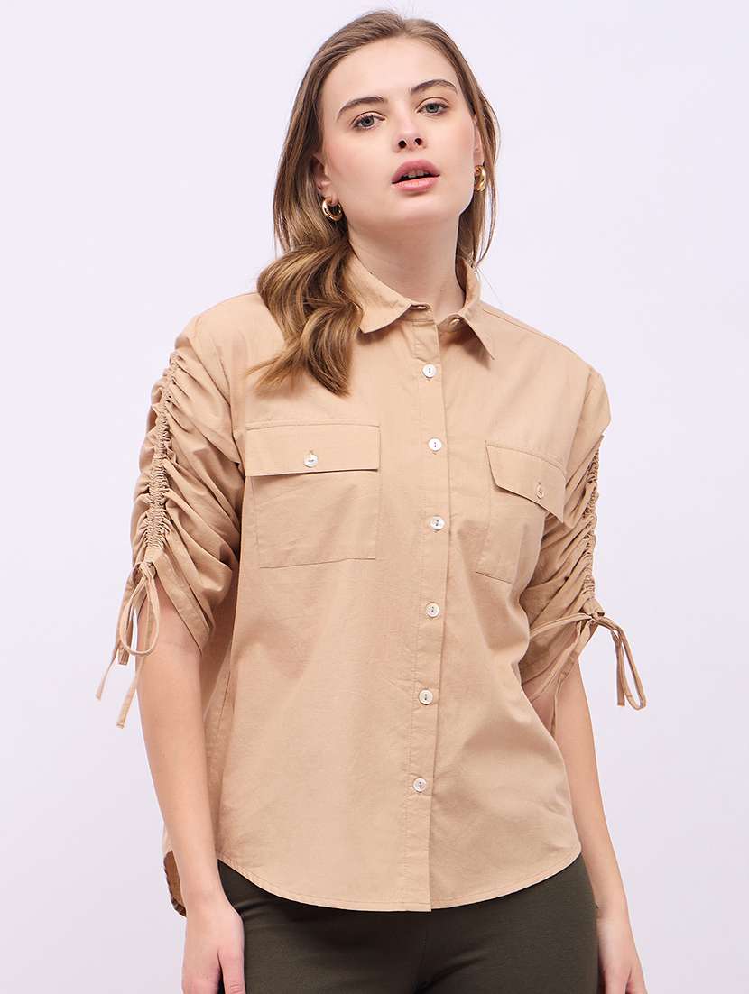 women solid collared ruched sleeves shirt - 21725354 -  Standard Image - 1