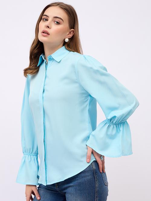 women solid collared bell sleeves shirt - 21725358 - Standard Image - 0