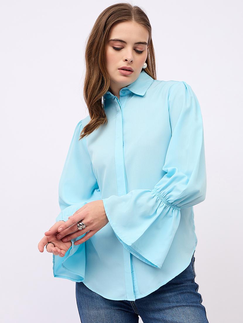 women solid collared bell sleeves shirt - 21725358 - Standard Image - 1