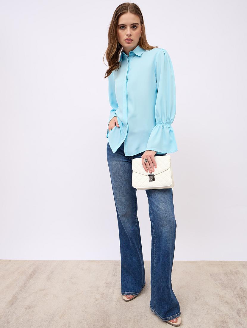 women solid collared bell sleeves shirt - 21725358 - Standard Image - 4