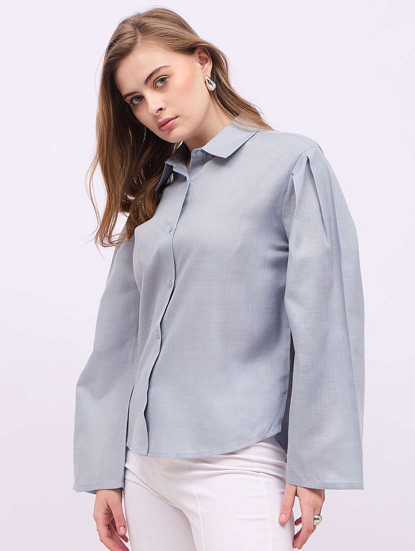 women solid collared puff sleeves shirt - 21725360 - Standard Image - 1