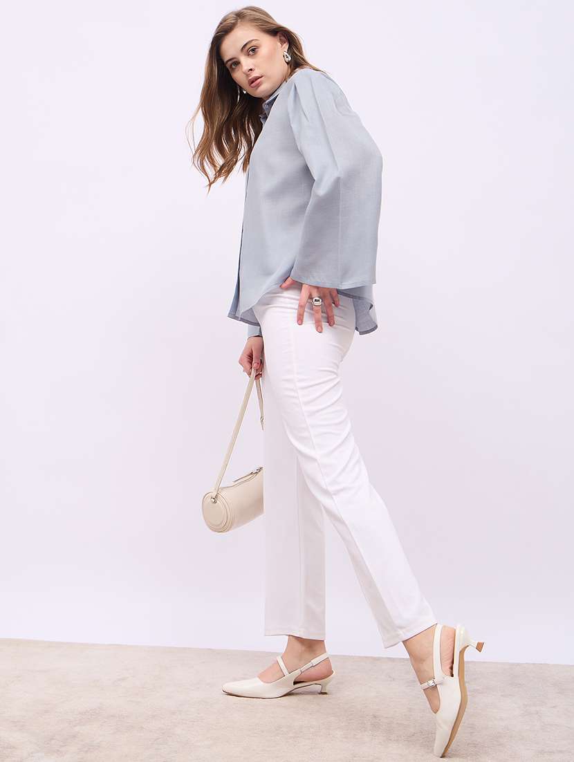 women solid collared puff sleeves shirt - 21725360 - Standard Image - 4