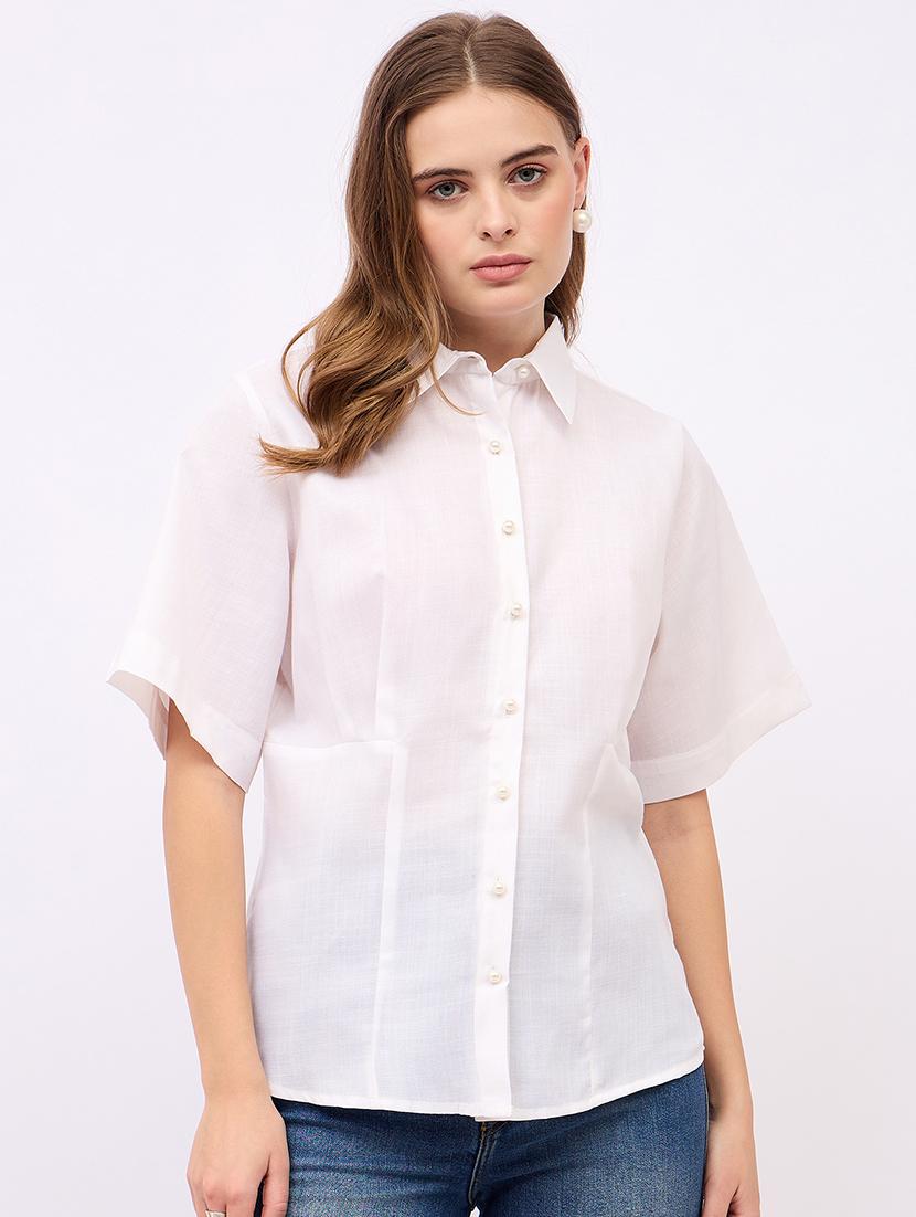 women solid collared short sleeves shirt - 21725361 -  Zoom Image - 0