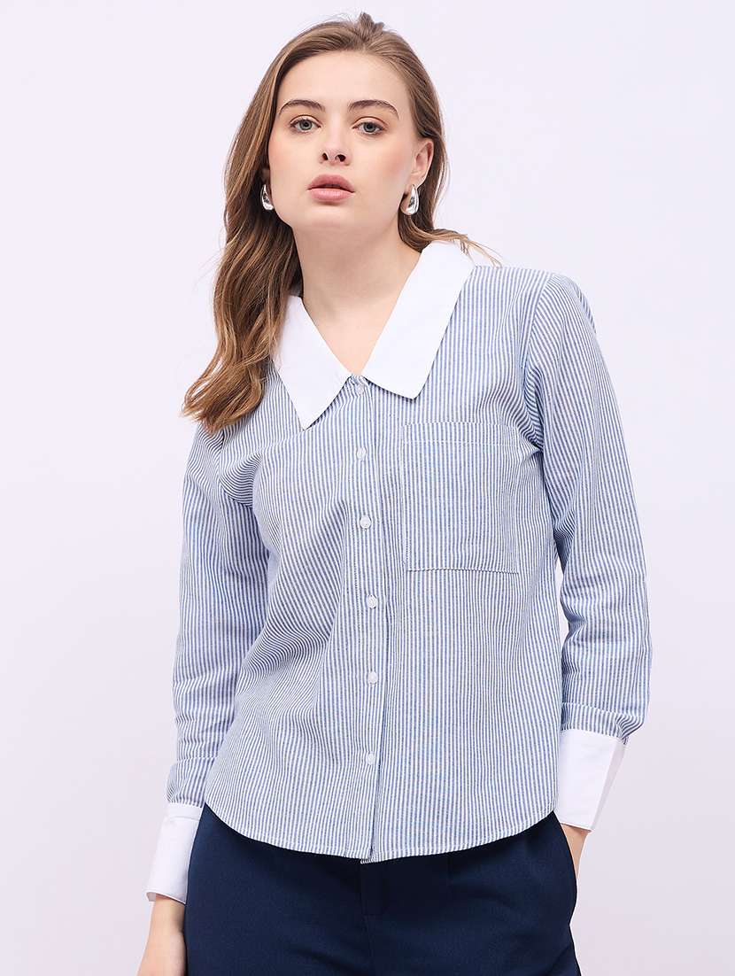 women striped peter pan collar short sleeves shirt