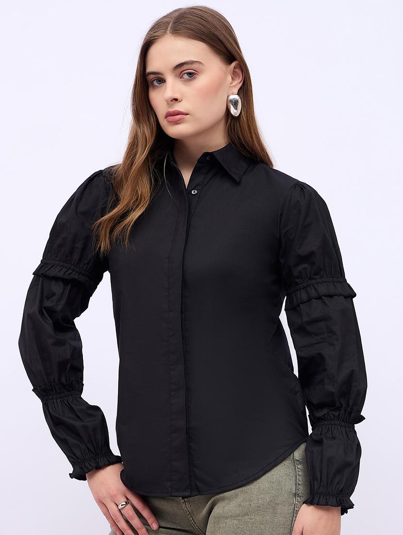 women solid collared puff sleeves shirt - 21725368 - Zoom Image - 0