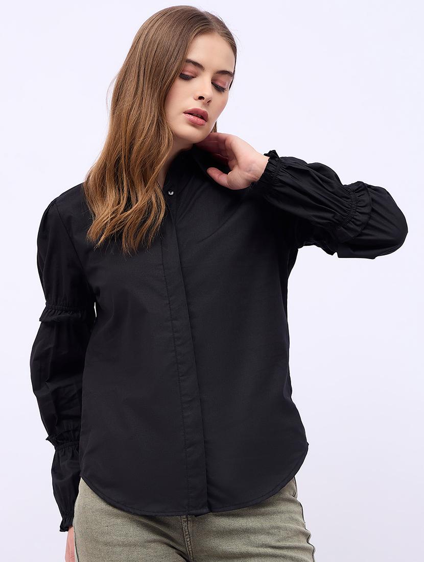 women solid collared puff sleeves shirt - 21725368 - Standard Image - 1