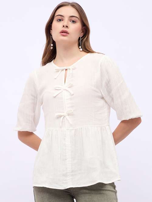 women solid tie up neck puff sleeves regular top - 21725376 -  Standard Image - 0