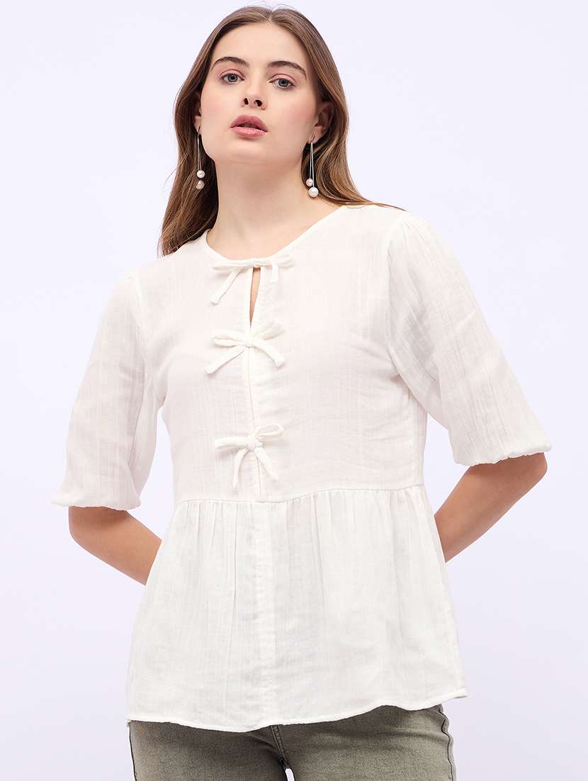 women solid tie up neck puff sleeves regular top - 21725376 -  Zoom Image - 0