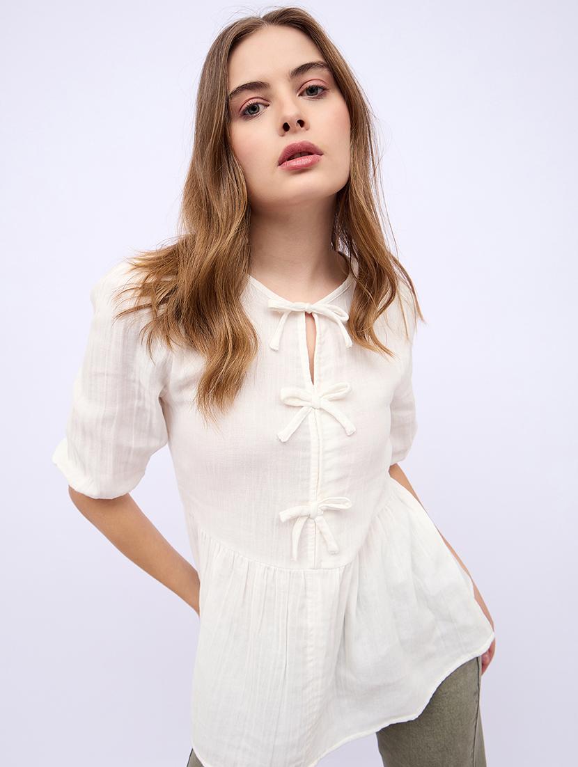 women solid tie up neck puff sleeves regular top - 21725376 -  Standard Image - 1