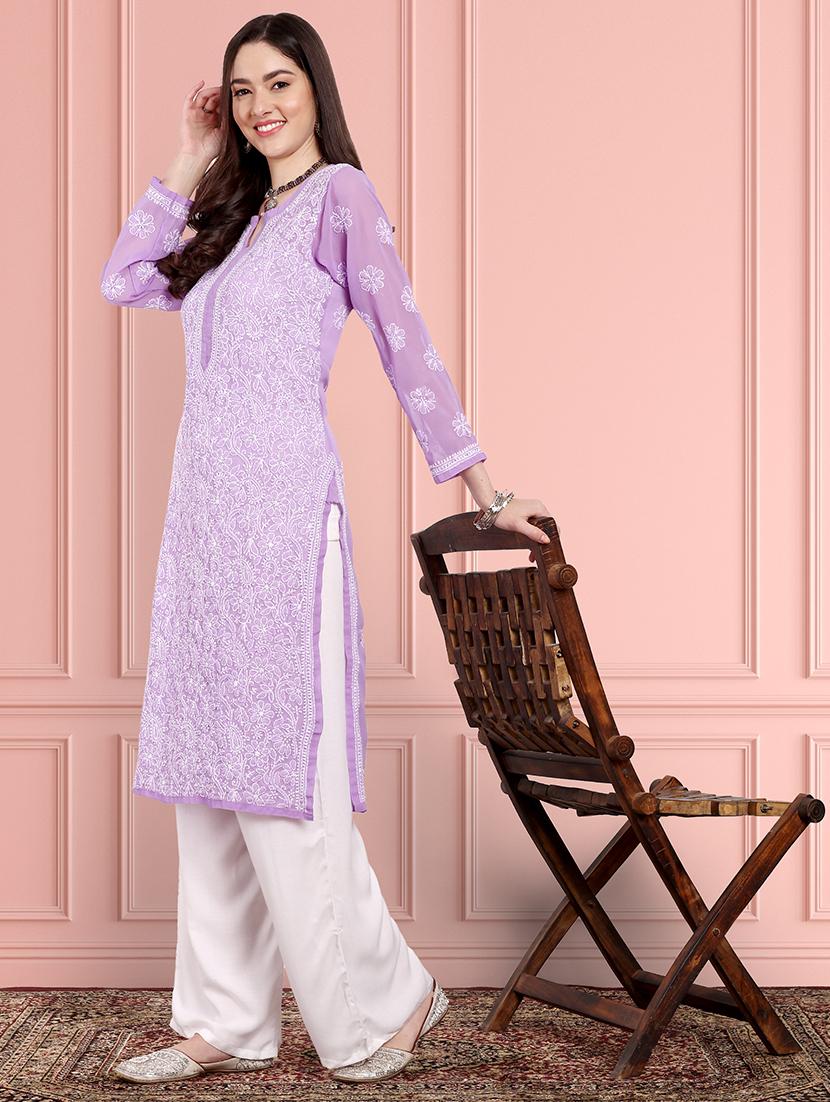 women chikankari long sleeve straight kurta - 21725498 -  Standard Image - 1
