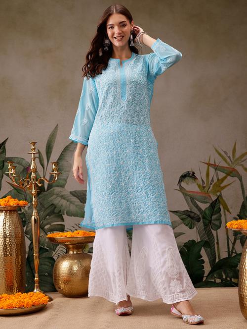 women chikankari long sleeve straight kurta - 21725502 - Standard Image - 0
