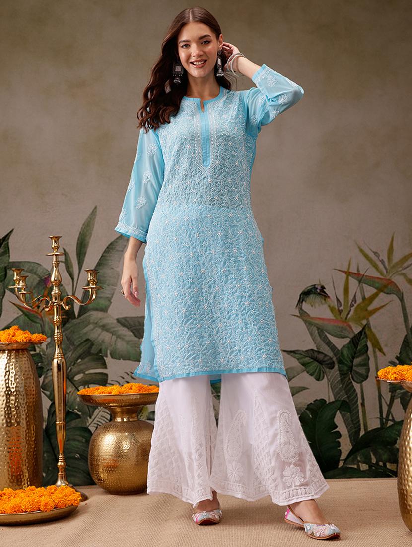 women chikankari long sleeve straight kurta - 21725502 - Zoom Image - 0