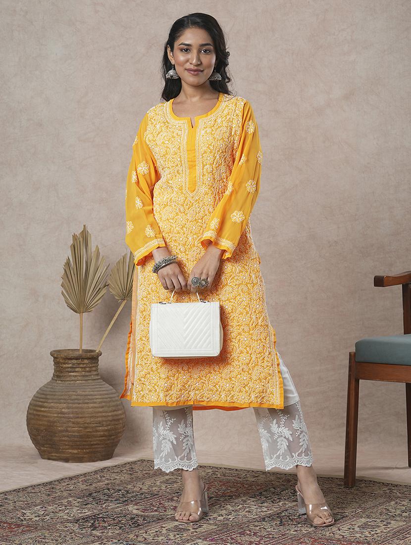 women chikankari long sleeve straight kurta - 21725505 - Standard Image - 4