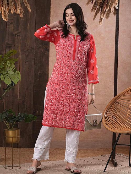 women chikankari three quarter sleeve straight kurta - 21725510 -  Standard Image - 0