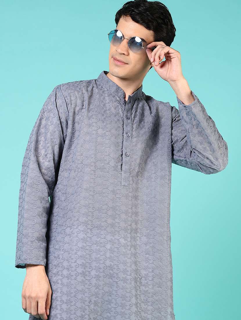 men embroidered mandarin neck kurta pyjama set - 21725635 -  Standard Image - 4