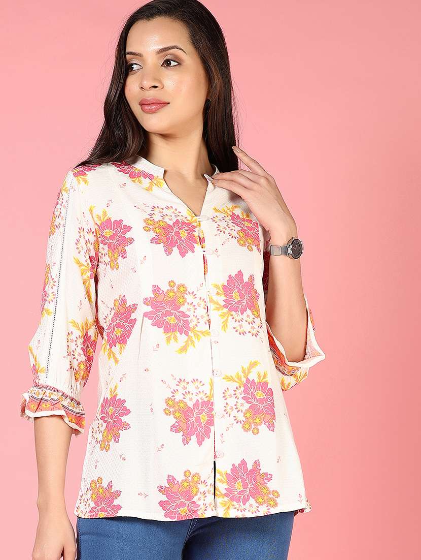 women floral print mandarin neck shirt style top