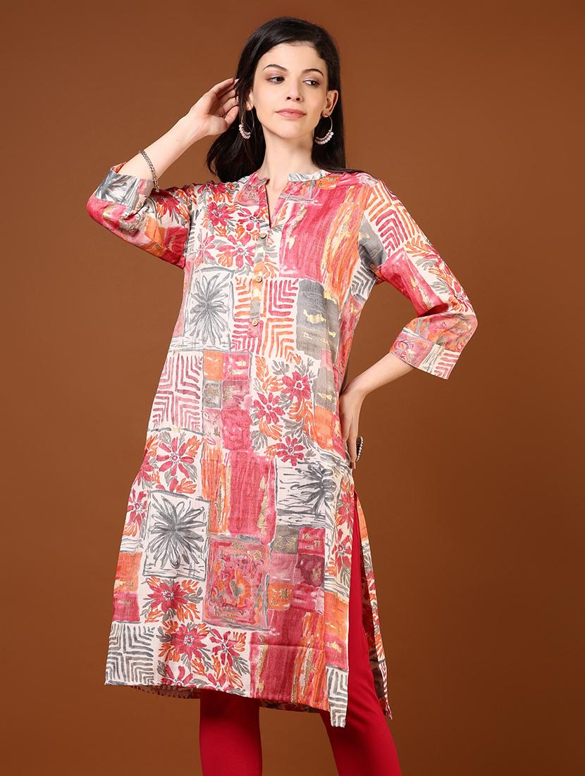 women three quarter sleeve straight kurta - 21725662 -  Standard Image - 1