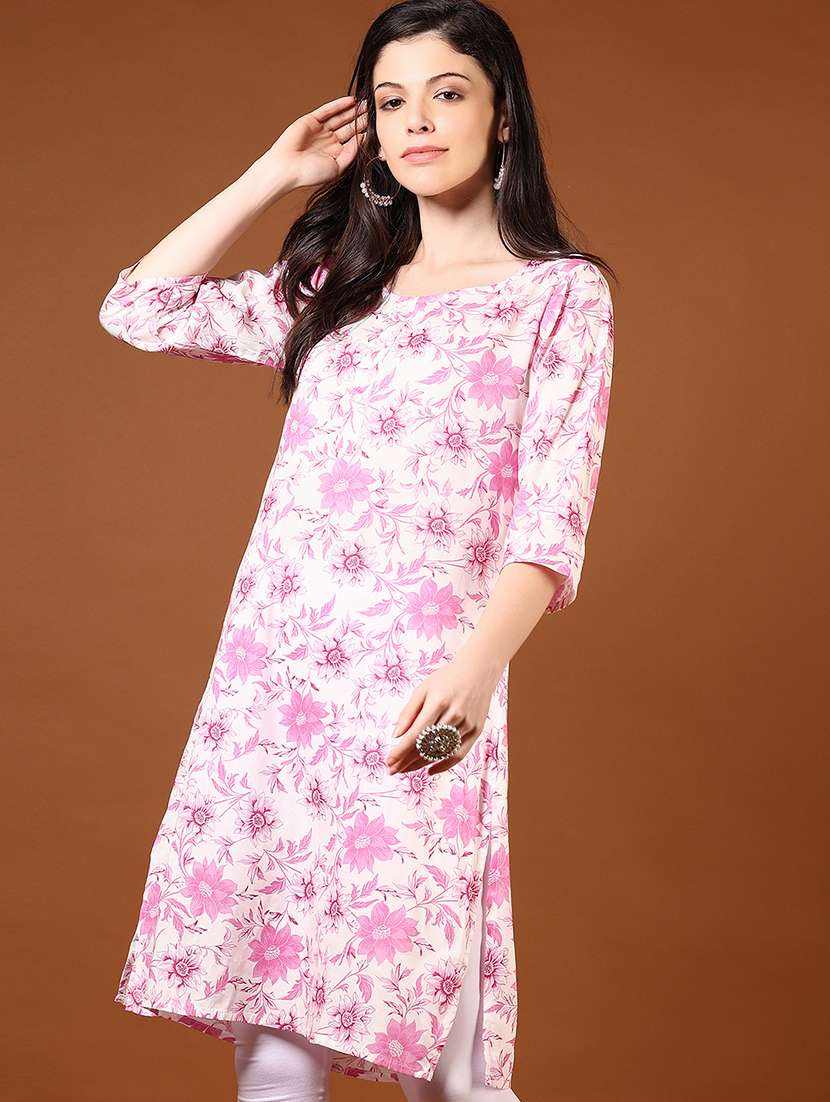 women floral printed three quarter sleeve straight kurta - 21725664 -  Standard Image - 1