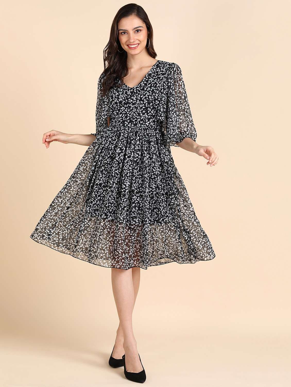 women printed puff sleeves fit & flared dress - 21725801 -  Standard Image - 1
