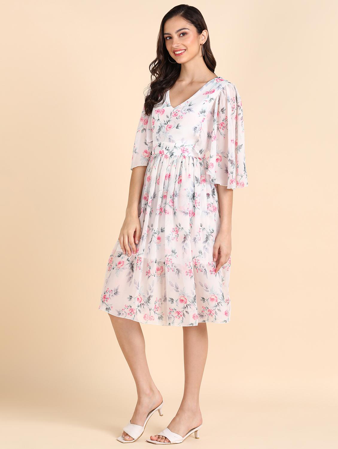 women printed puff sleeves fit & flared dress - 21725802 - Standard Image - 1