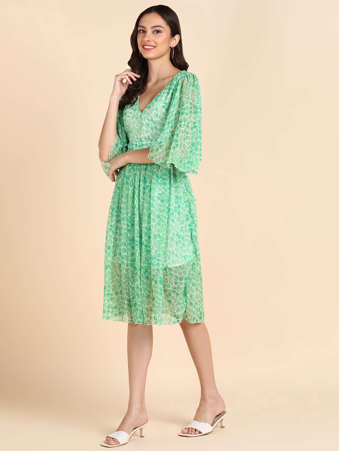 women printed puff sleeves fit & flared dress - 21725803 - Standard Image - 1