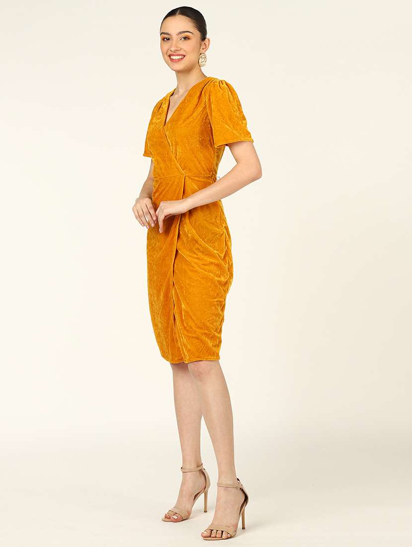 women solid puff sleeves wrap dress - 21725811 -  Standard Image - 1