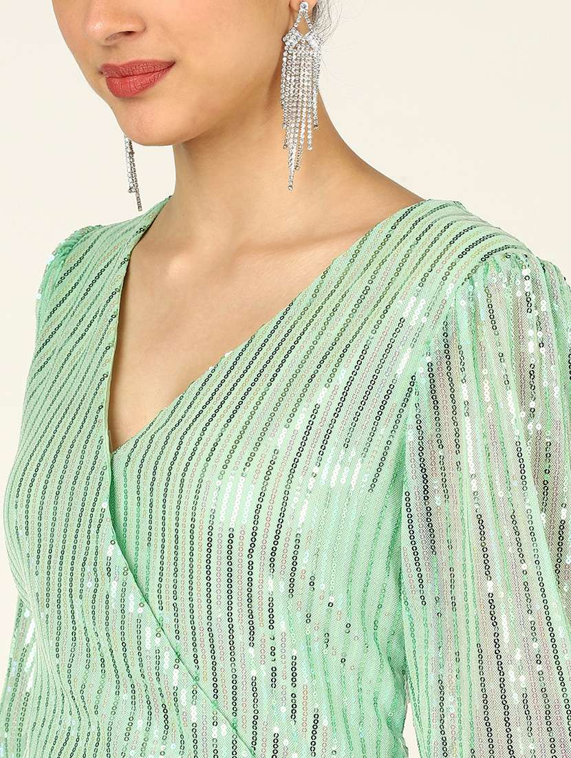 women sequined three quarter sleeves wrap dress - 21725816 - Standard Image - 4