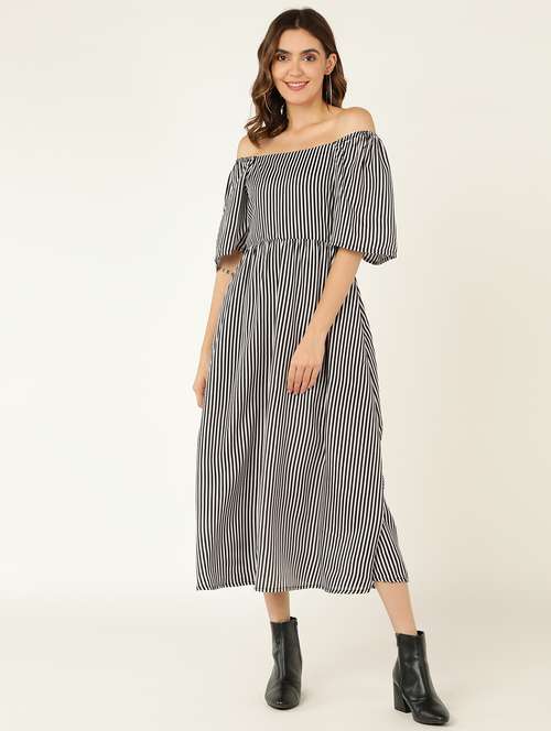 women striped off shoulder a-line dress - 21725818 - Standard Image - 0