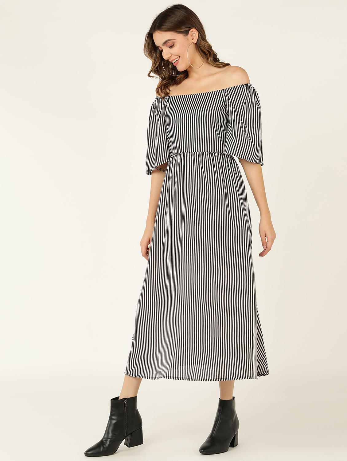 women striped off shoulder a-line dress - 21725818 - Standard Image - 1