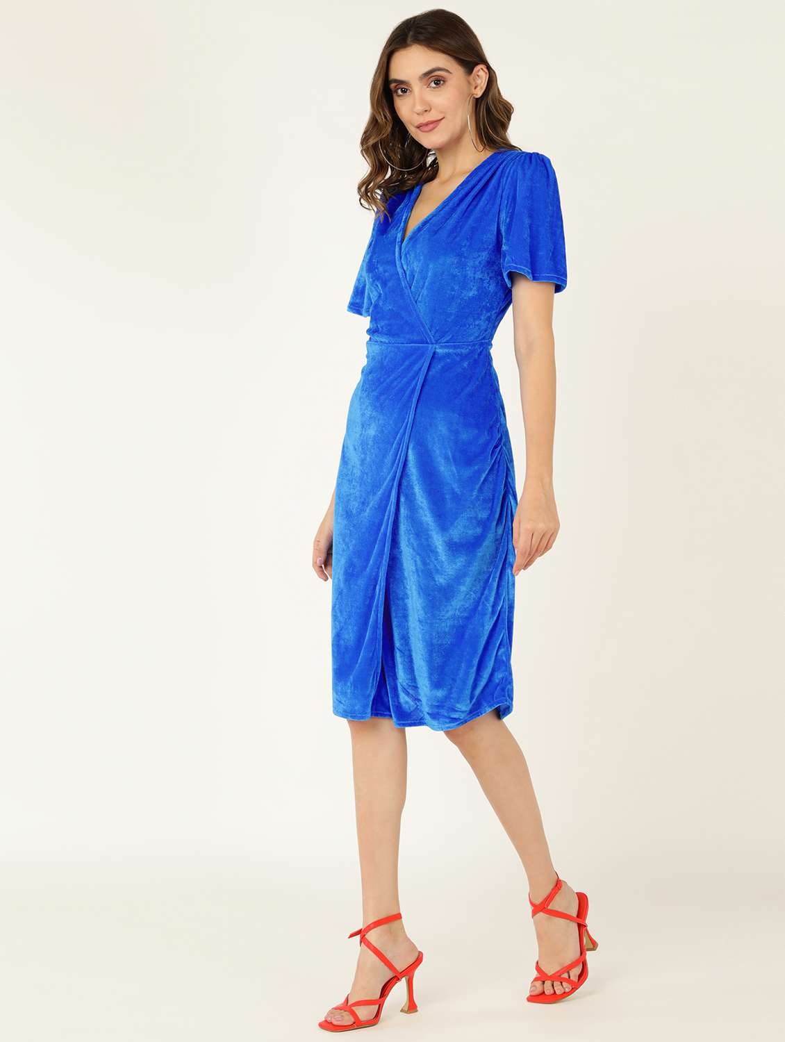 women solid puff sleeves wrap dress - 21725821 - Standard Image - 1