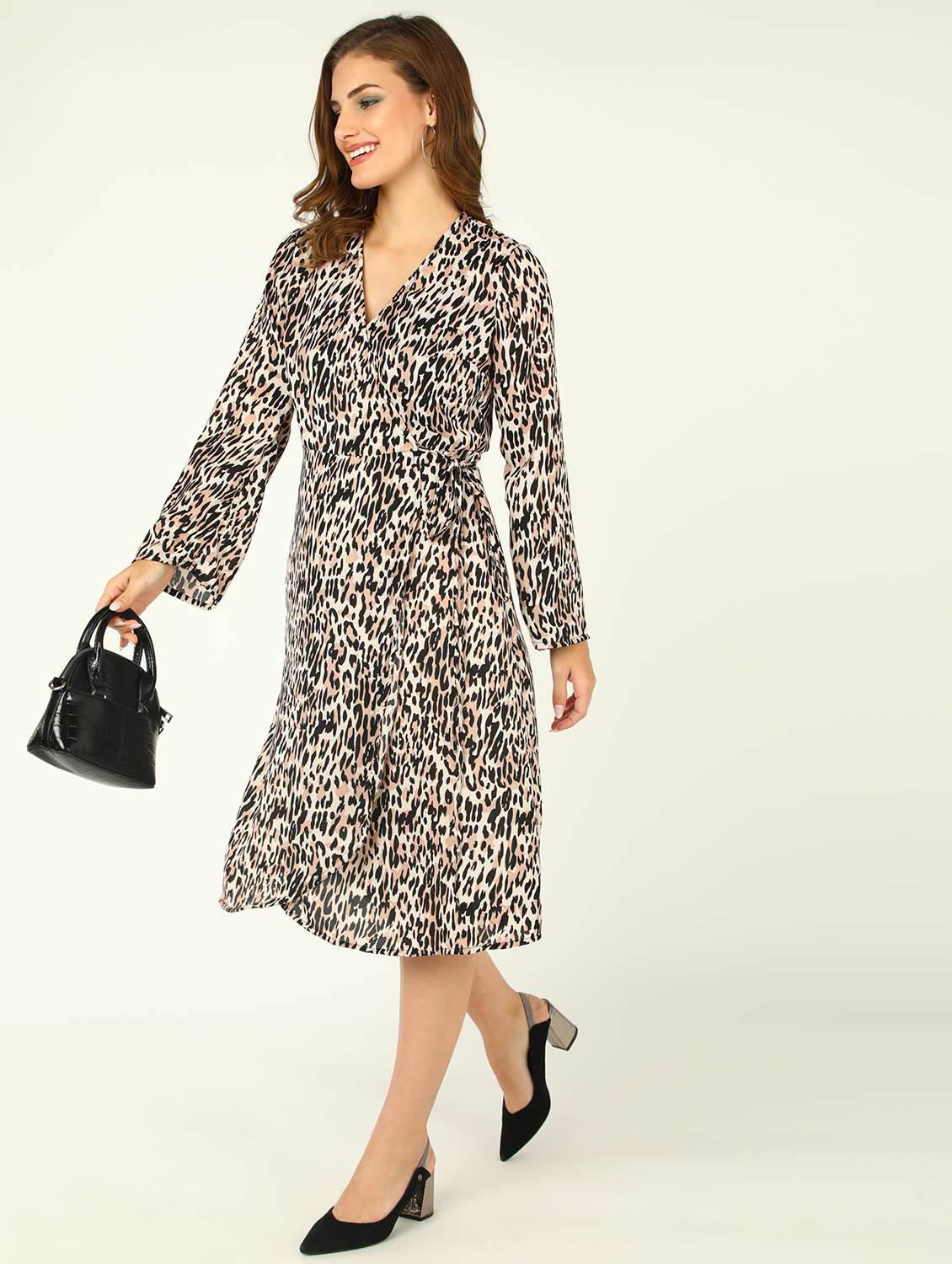 women animal print long sleeves wrap dress