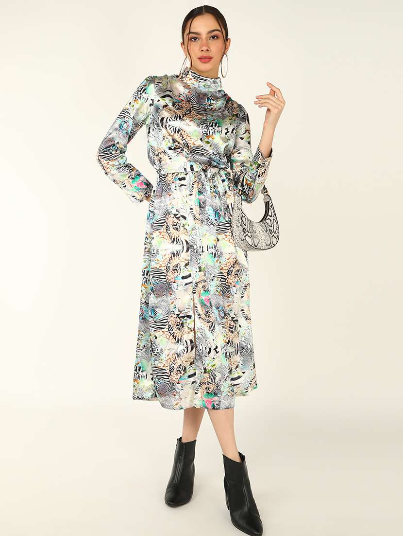 women printed mock neck long sleeves a-line dress