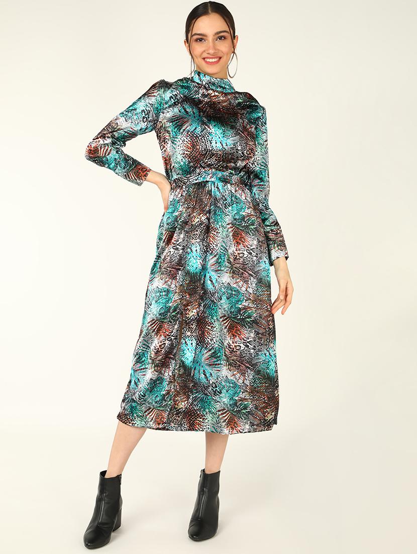 women printed mock neck a-line dress with slit - 21725833 - Zoom Image - 0