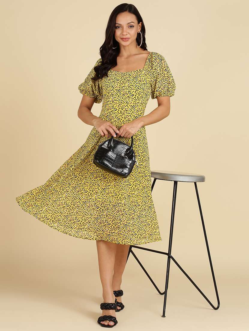women animal print puff sleeves a-line dress