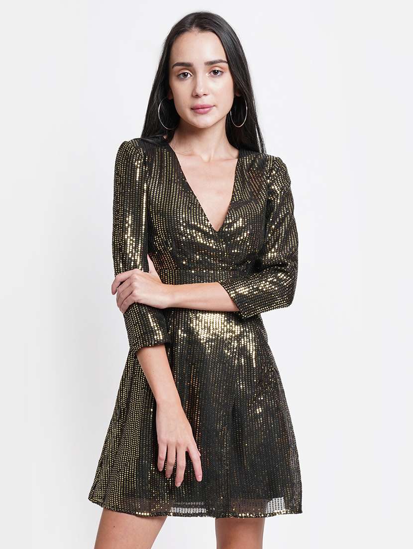 women sequined puff sleeves a-line dress
