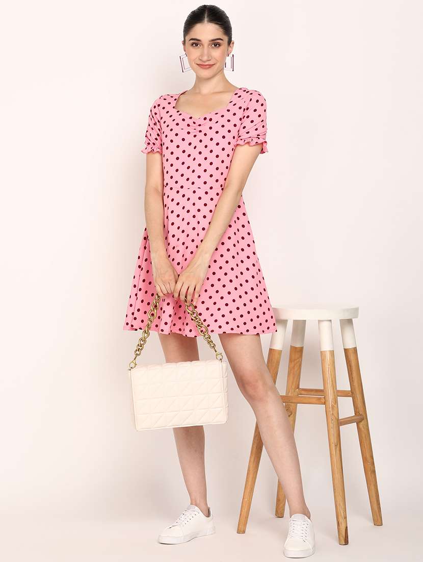 women polka doted short sleeves a-line dress