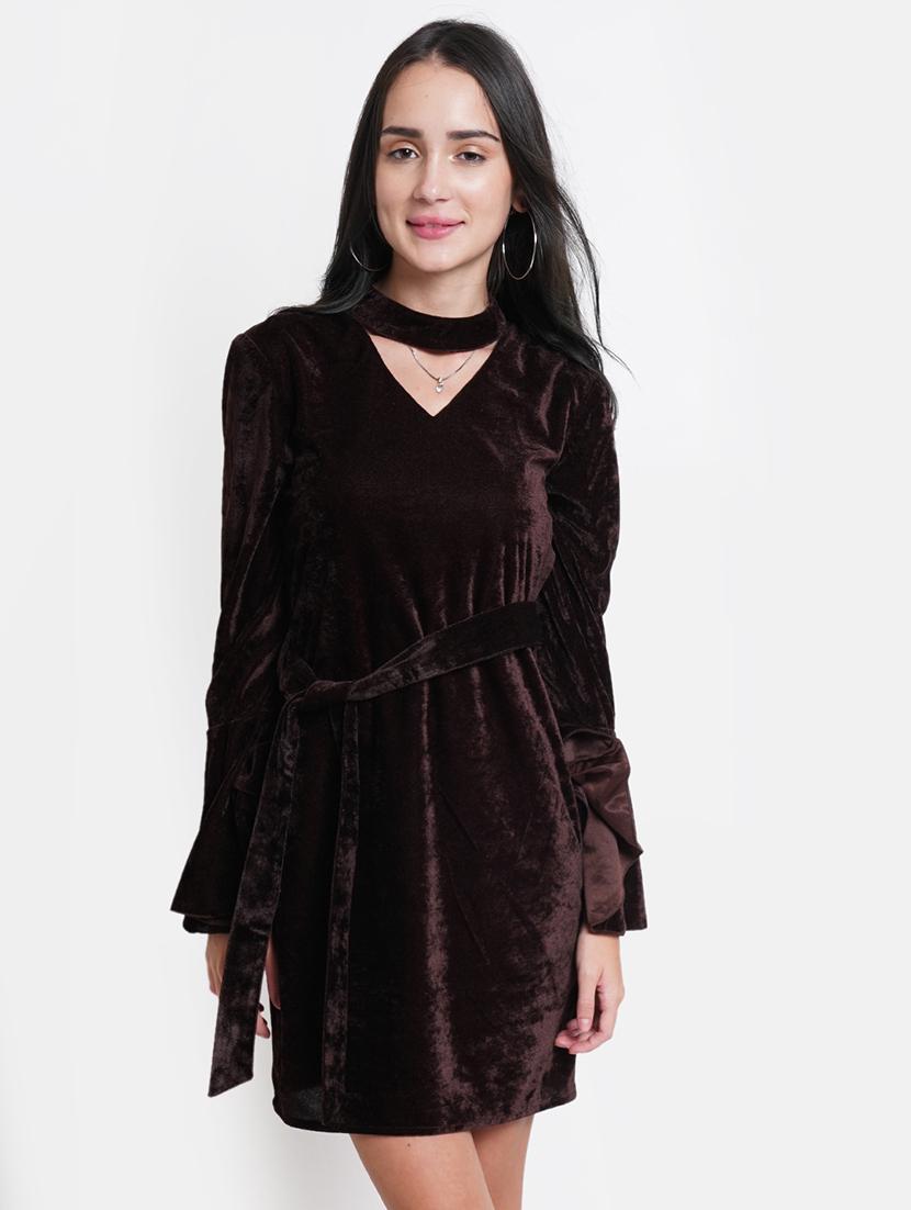 women solid chocker neck bell sleeves sheath dress - 21725862 - Zoom Image - 0