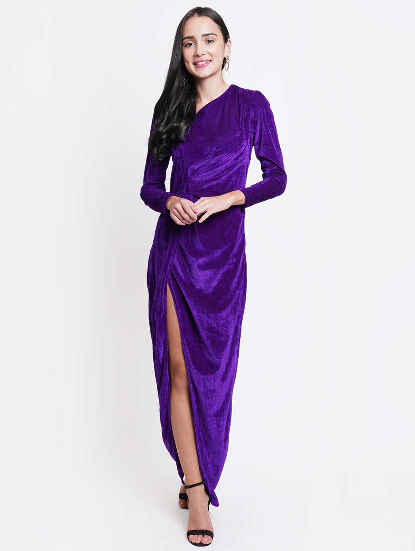 women solid long sleeves high slit dress - 21725879 - Zoom Image - 0