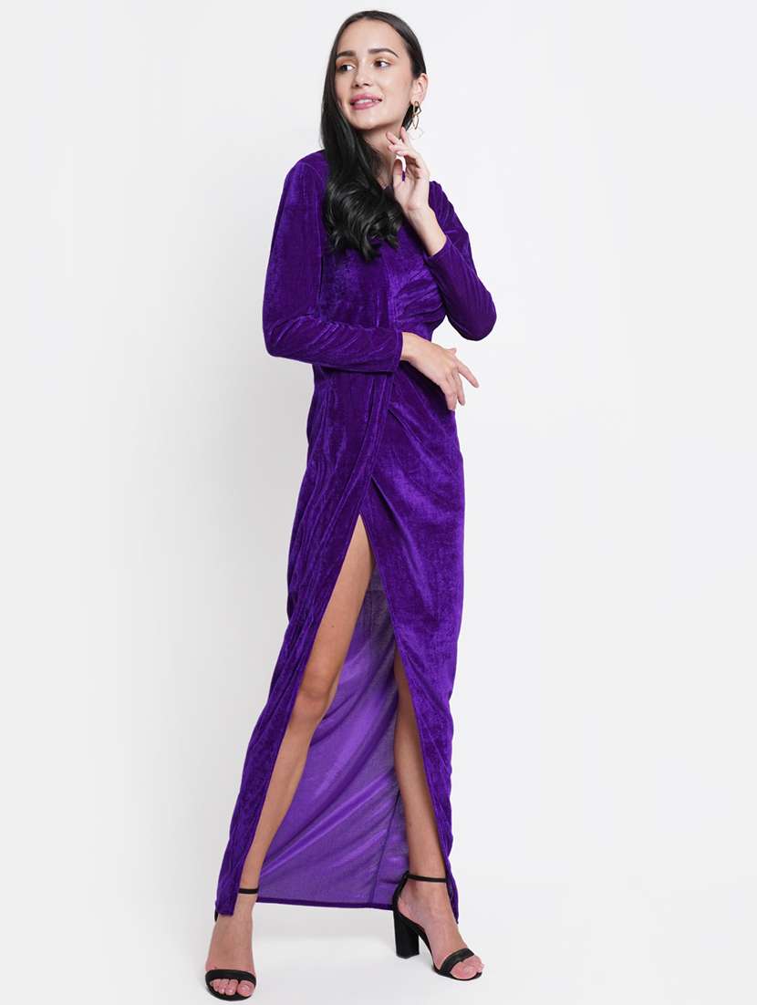 women solid long sleeves high slit dress - 21725879 - Standard Image - 1