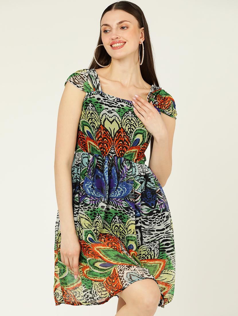 women printed cap sleeves a-line dress - 21725887 - Standard Image - 4