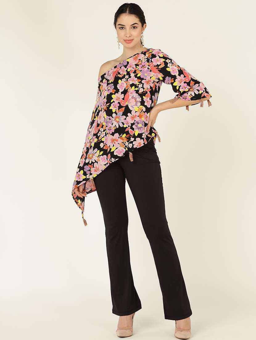women floral print single shoulder asymmetric top