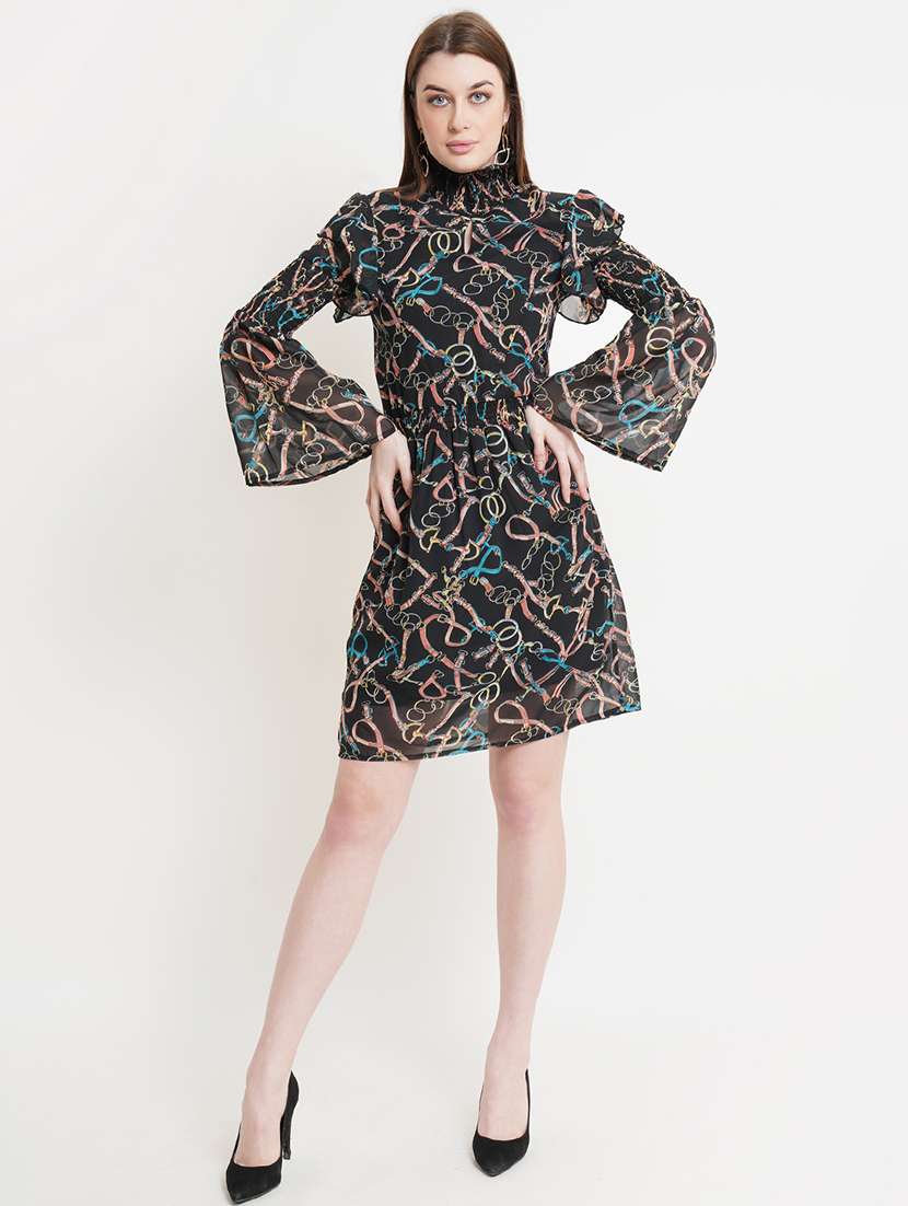women printed high neck bell sleeves a-line dress