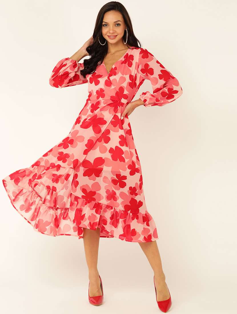 women floral print puff sleeves wrap dress