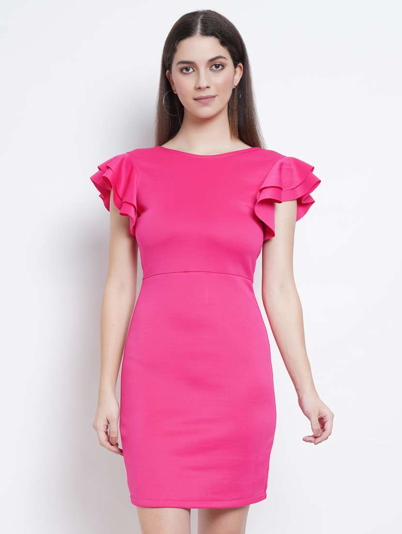 women solid ruffle sleeves bodycon dress