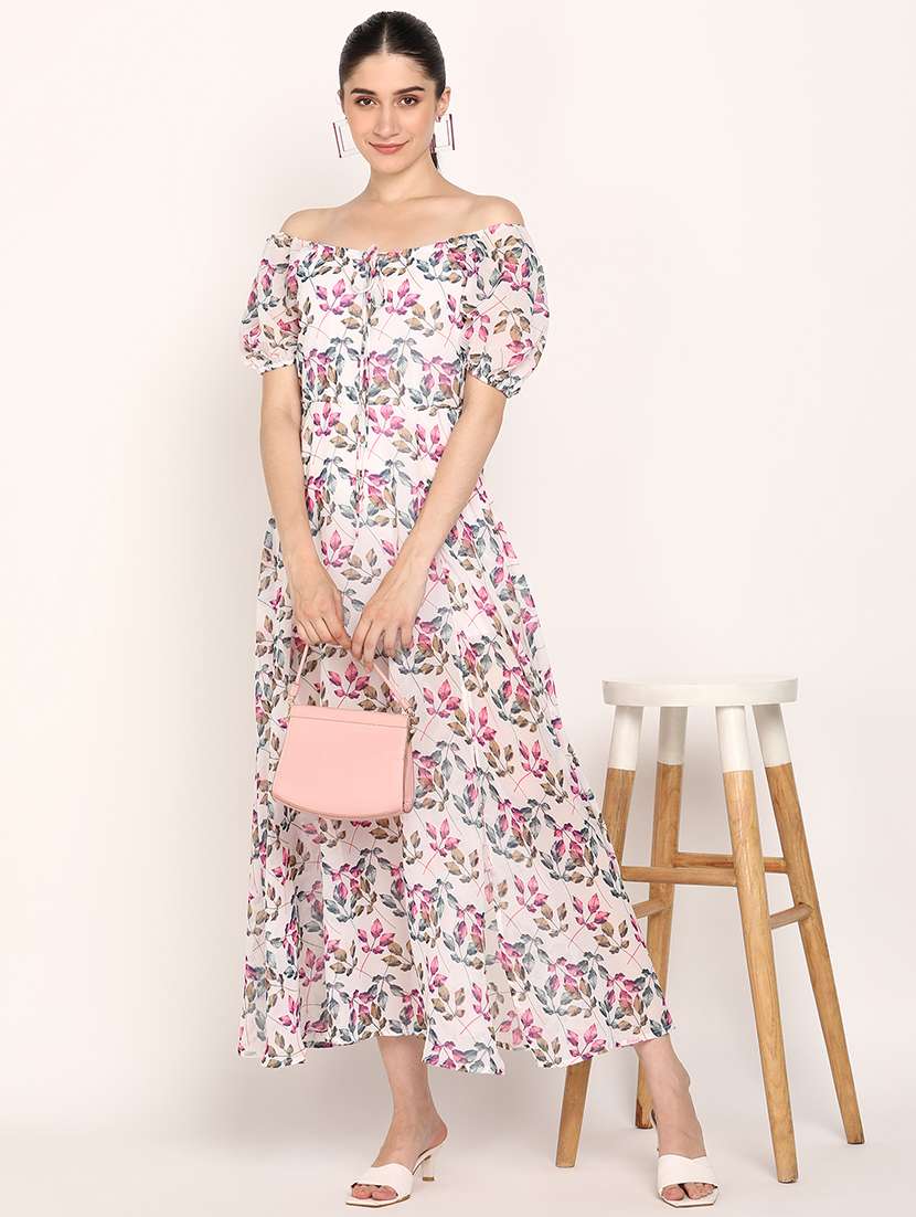 women printed off shoulder fit & flare dress