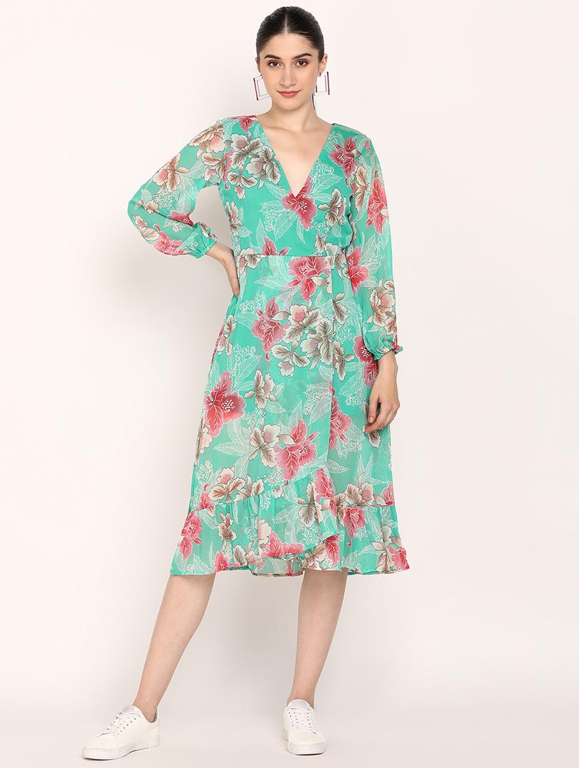 women floral print puff sleeves wrap dress - 21725921 - Standard Image - 1