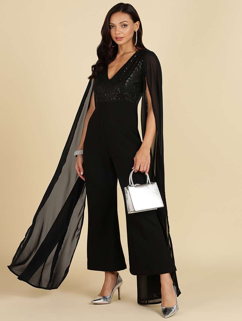 women sequined cape sleeves jumpsuit