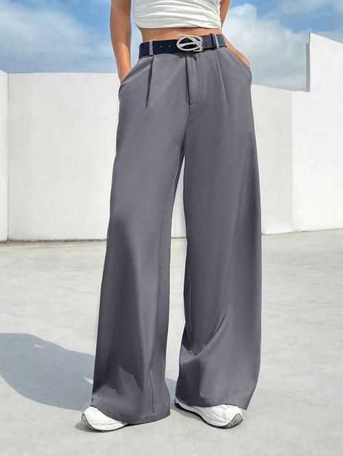 women solid high rise korean trouser - 21726678 - Standard Image - 0