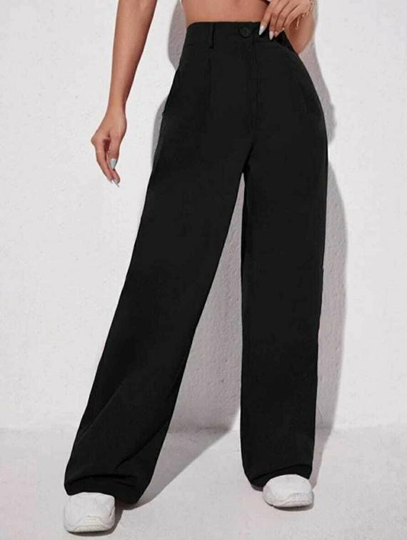 women solid high rise wide leg trouser